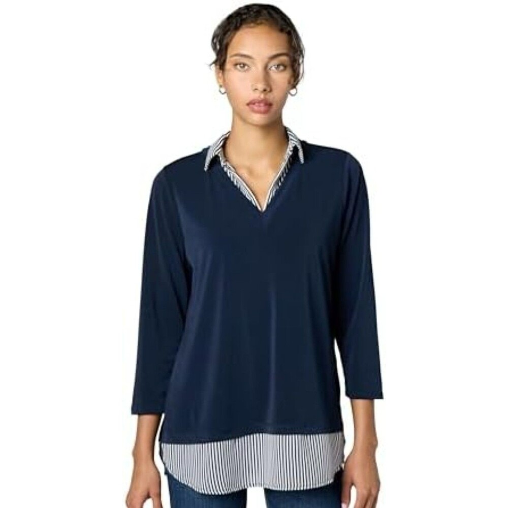 Adrianna Papell Top Blouse Shirt Womens Medium Blue V Neck Layered Career 3/4